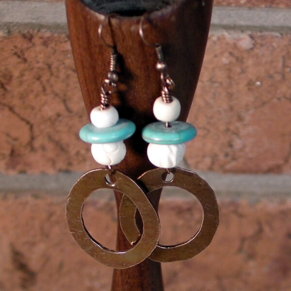 Hammered Copper Ring Earrings with Turquoise & Bone Beads