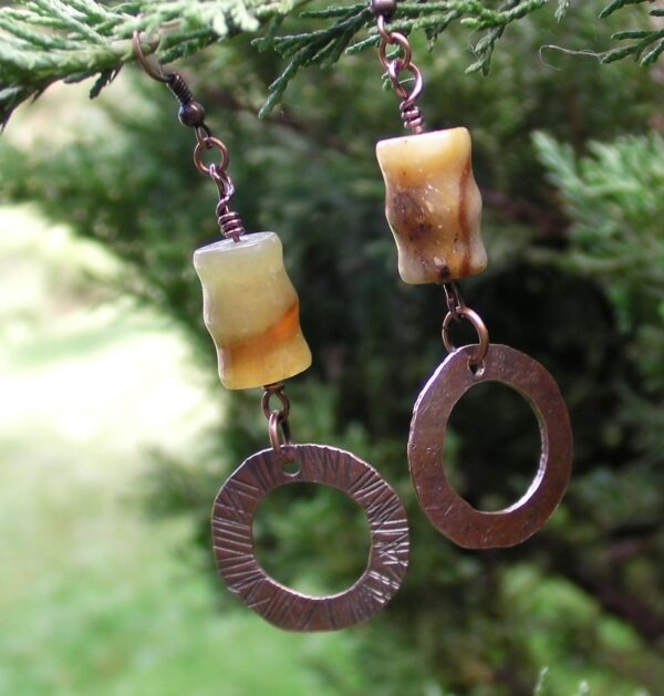 Hammered Copper Ring Earrings with Jasper Beads