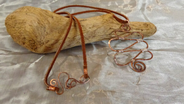 Rustic Hammered Copper Serpentine Pendant with Silver Wire Wrap