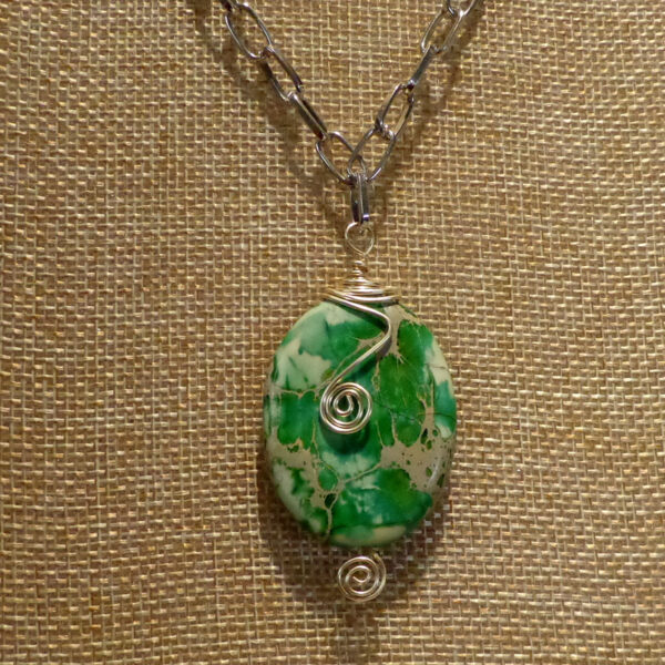 Green Gary Jasper Pendant Necklace with Wire Wrap