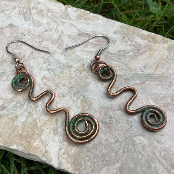 Copper Wire Earrings with Green Patina