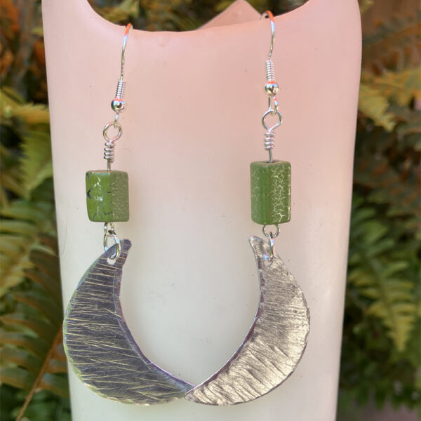 Aluminum Moon Crescent Earrings with Green Beads