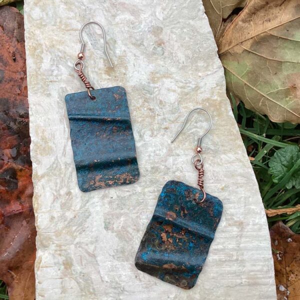 Copper Green Patina Fold Form Earrings