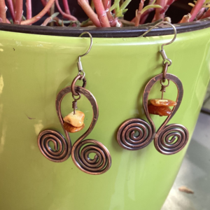 Copper Norse Scroll Earrings with Amber
